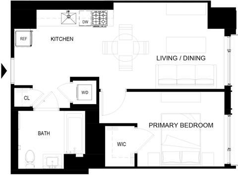 Floor plan for 1 bed, 1 bath, 528 sqft